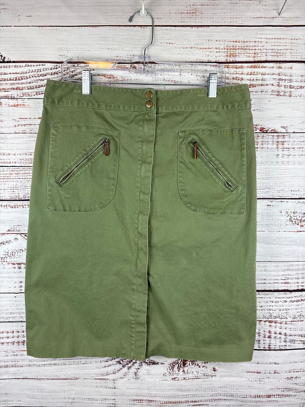 Christopher Banks Olive Green Knee Length Chino Skirt Stretch Zip Up Womens 14
